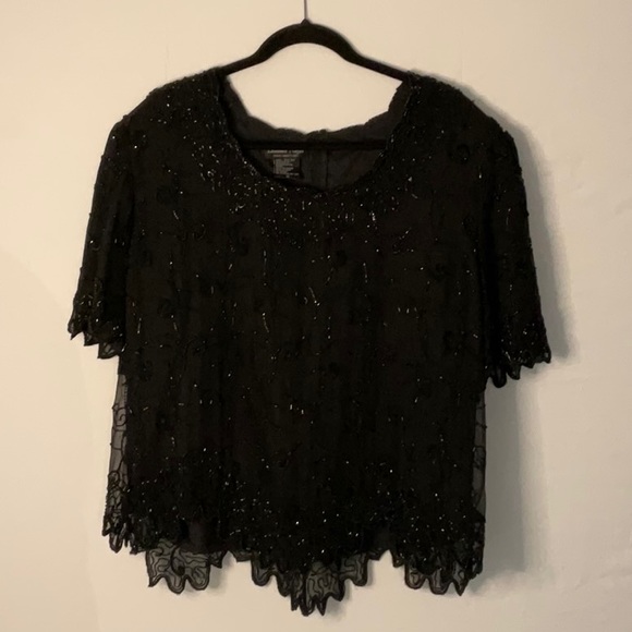 Laurence Kazan 1X black beaded top. Silk outer layer. All beads appear intact. - Picture 1 of 8